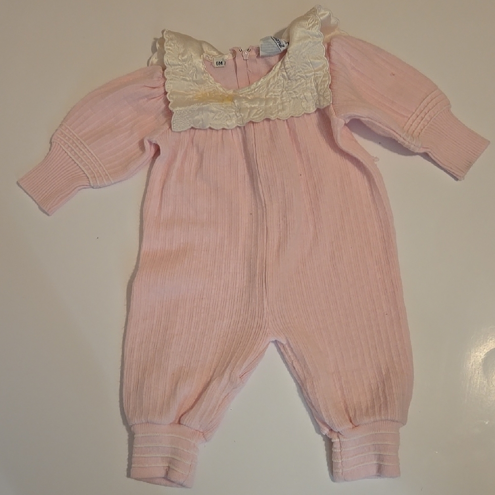 Pink and White Footies One Piece with Lace Collar and Long Sleeves